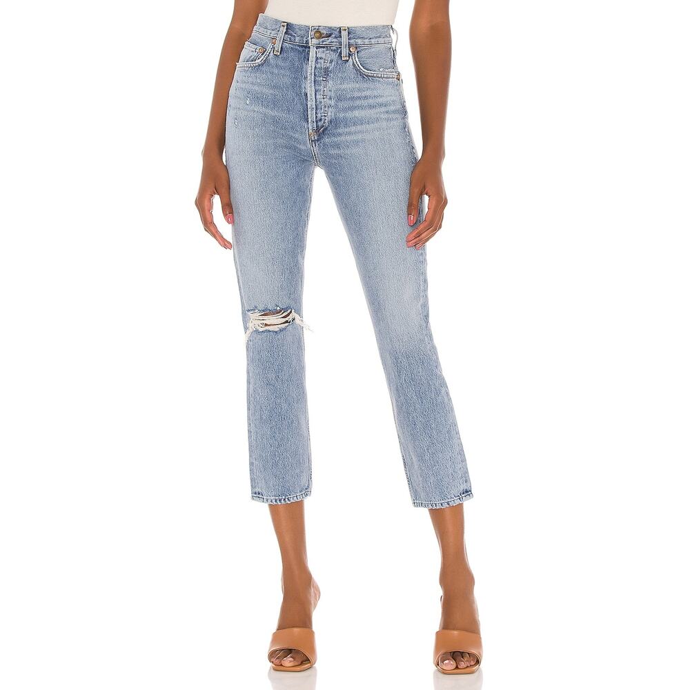 Agolde 'Riley' Blue High Rise Straight Crop Denim Jeans Size 27